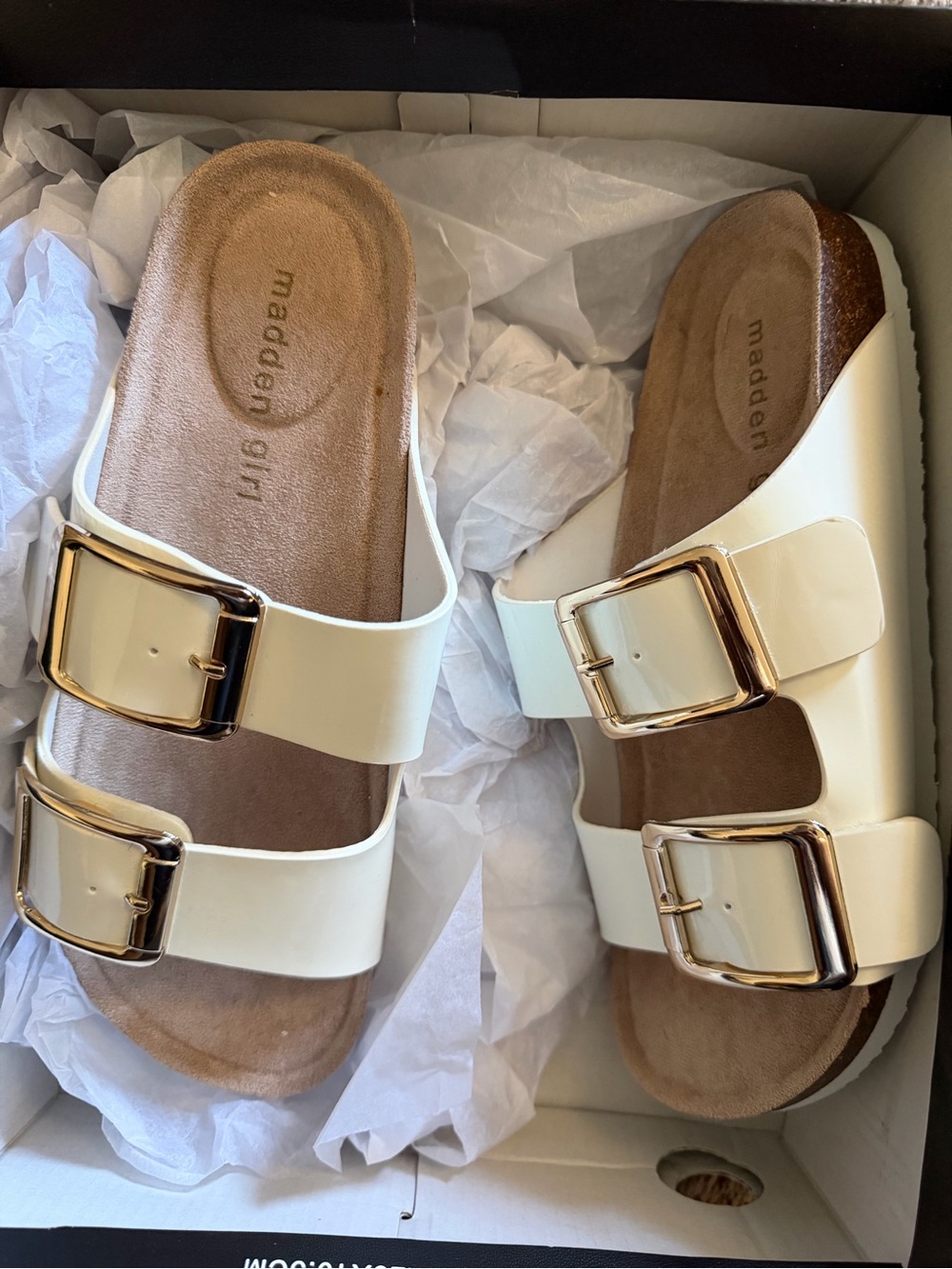 Madden Girl Cream Double Buckle Slide Sandals with Gold Accents